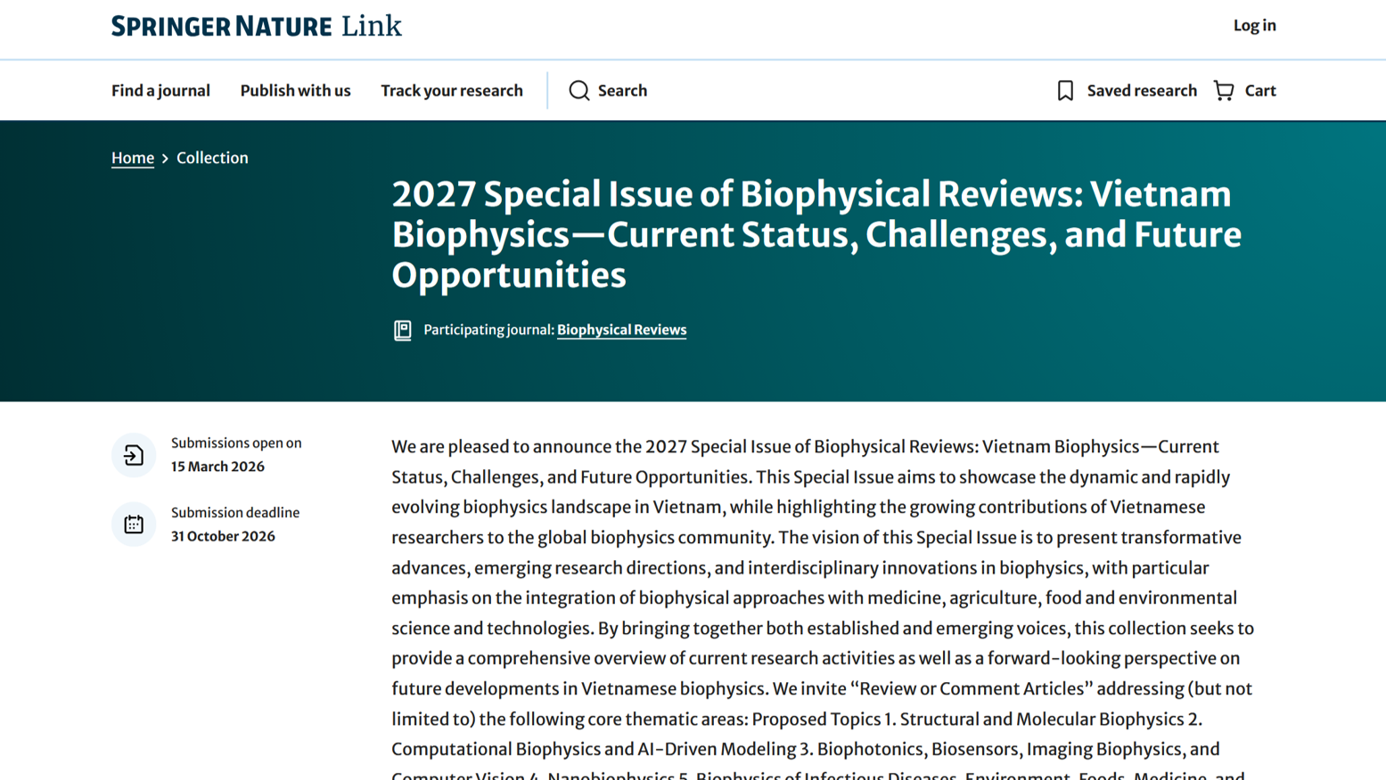 2027 Special Issue of Biophysical Reviews: Vietnam Biophysics—Current Status, Challenges, and Future Opportunities